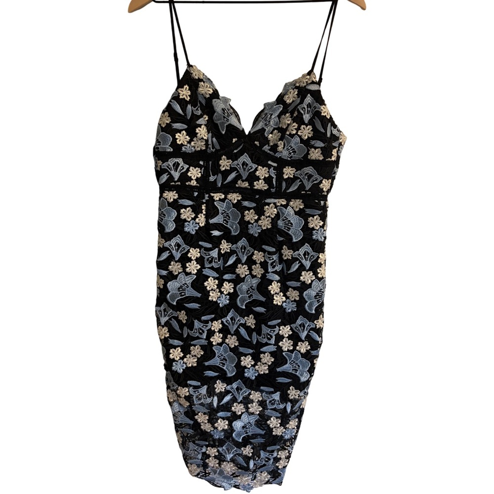 Bardot Black Midi Slip Dress with Blue and Cream Floral Embroidery